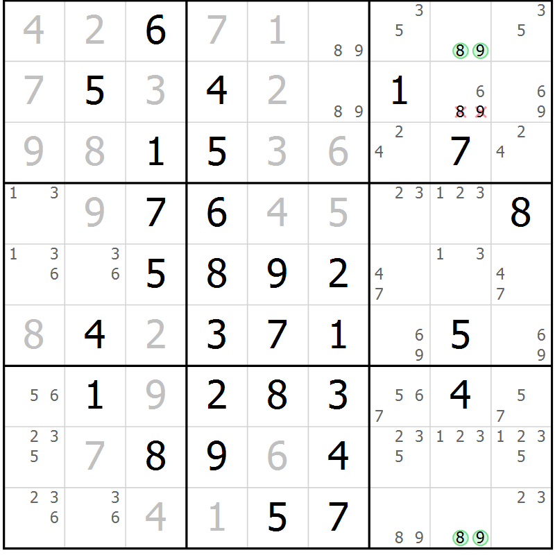 Position des candidats pour la solution de la Gr 14 page 17 du magazine de sudoku Giga sudoku niv 6-8 n° 024