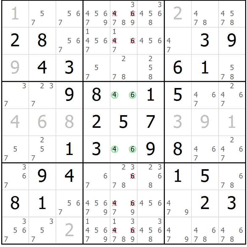 Position des candidats pour la solution de la Gr 15 page 18 du magazine de sudoku Giga sudoku niv 6-8 n° 024