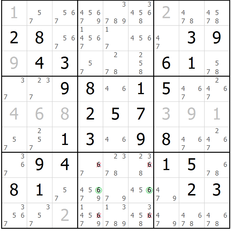 Position des candidats pour la solution de la Gr 15 page 18 du magazine de sudoku Giga sudoku niv 6-8 n° 024