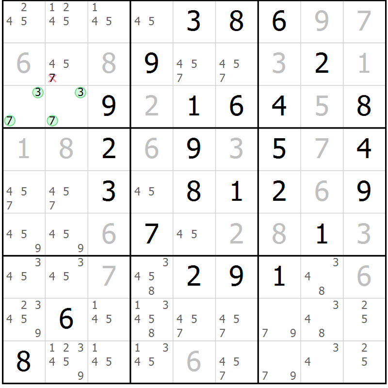 Position des candidats pour la solution de la Gr 16 page 19 du magazine de sudoku Giga sudoku niv 6-8 n° 024