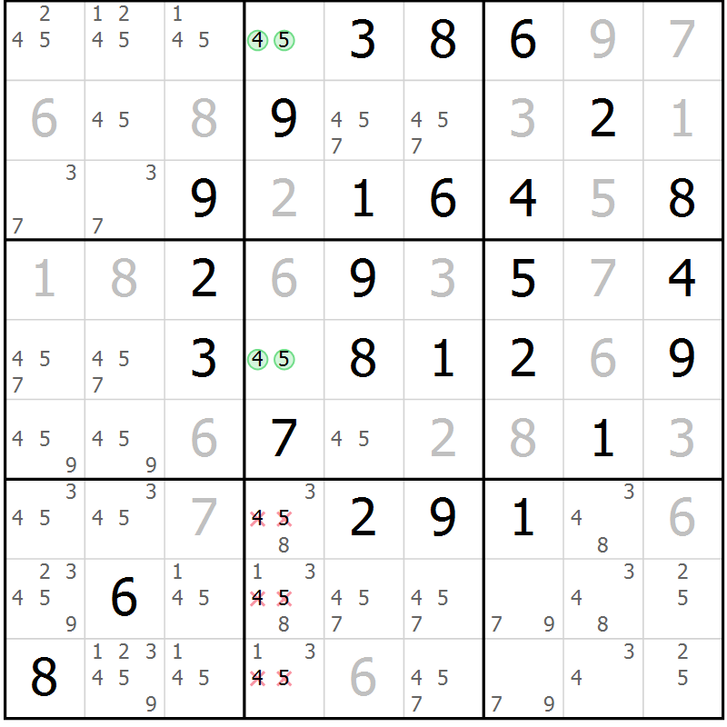 Position des candidats pour la solution de la Gr 16 page 19 du magazine de sudoku Giga sudoku niv 6-8 n° 024