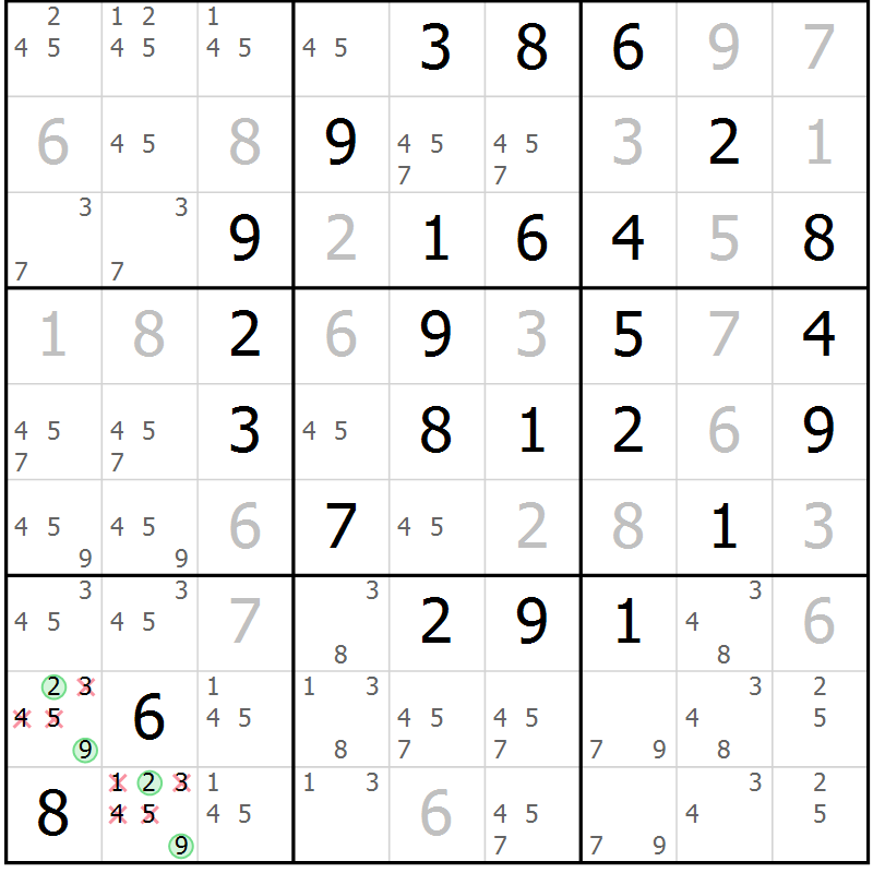 Position des candidats pour la solution de la Gr 16 page 19 du magazine de sudoku Giga sudoku niv 6-8 n° 024
