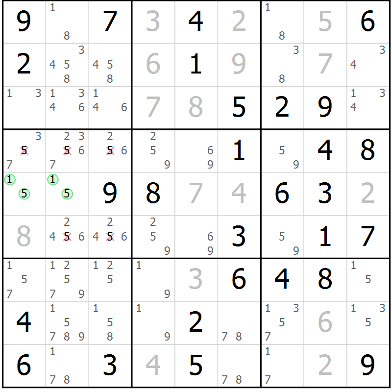 Position des candidats pour la solution de la Gr 17 page 20 du magazine de sudoku Giga sudoku niv 6-8 n° 024