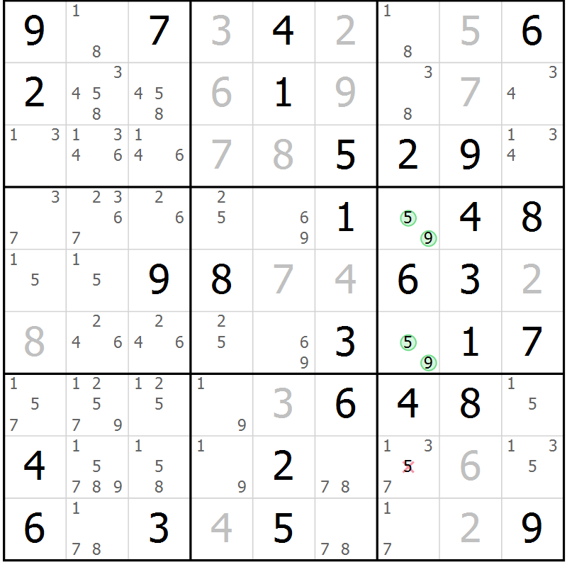Position des candidats pour la solution de la Gr 17 page 20 du magazine de sudoku Giga sudoku niv 6-8 n° 024