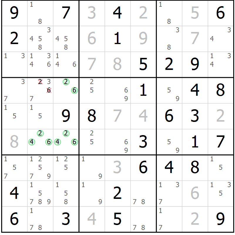 Position des candidats pour la solution de la Gr 17 page 20 du magazine de sudoku Giga sudoku niv 6-8 n° 024