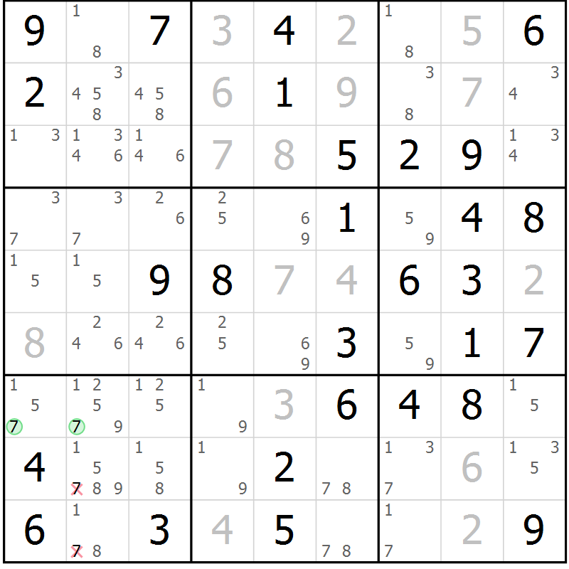 Position des candidats pour la solution de la Gr 17 page 20 du magazine de sudoku Giga sudoku niv 6-8 n° 024