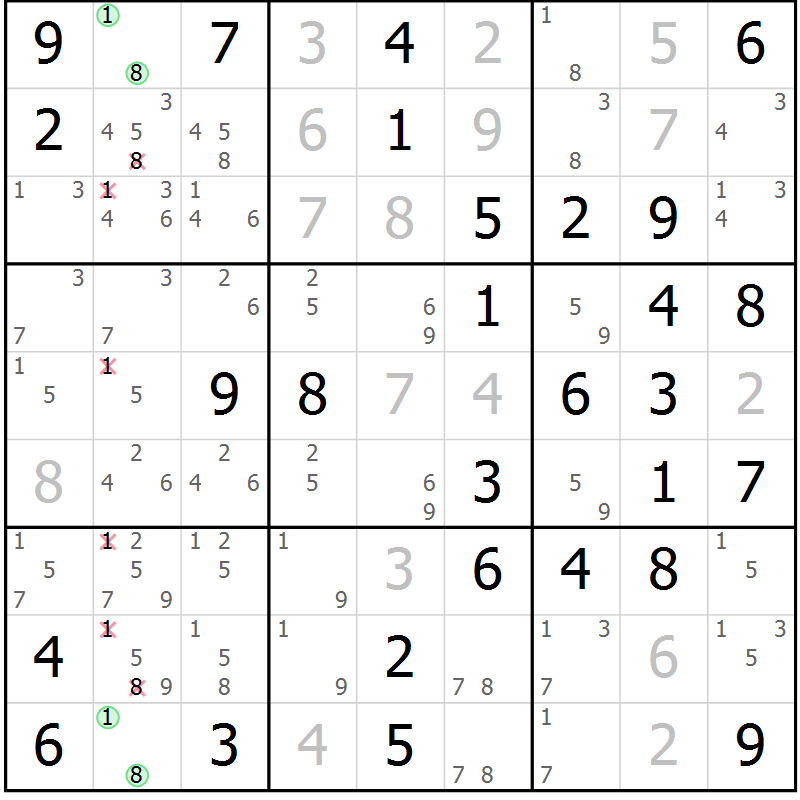 Position des candidats pour la solution de la Gr 17 page 20 du magazine de sudoku Giga sudoku niv 6-8 n° 024