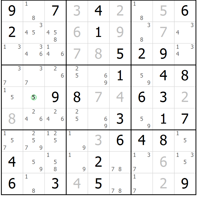 Position des candidats pour la solution de la Gr 17 page 20 du magazine de sudoku Giga sudoku niv 6-8 n° 024