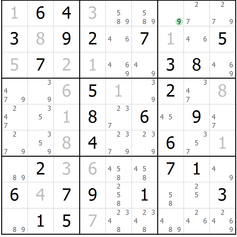 Position des candidats pour la solution de la Gr 18 page 21 du magazine de sudoku Giga sudoku niv 6-8 n° 024