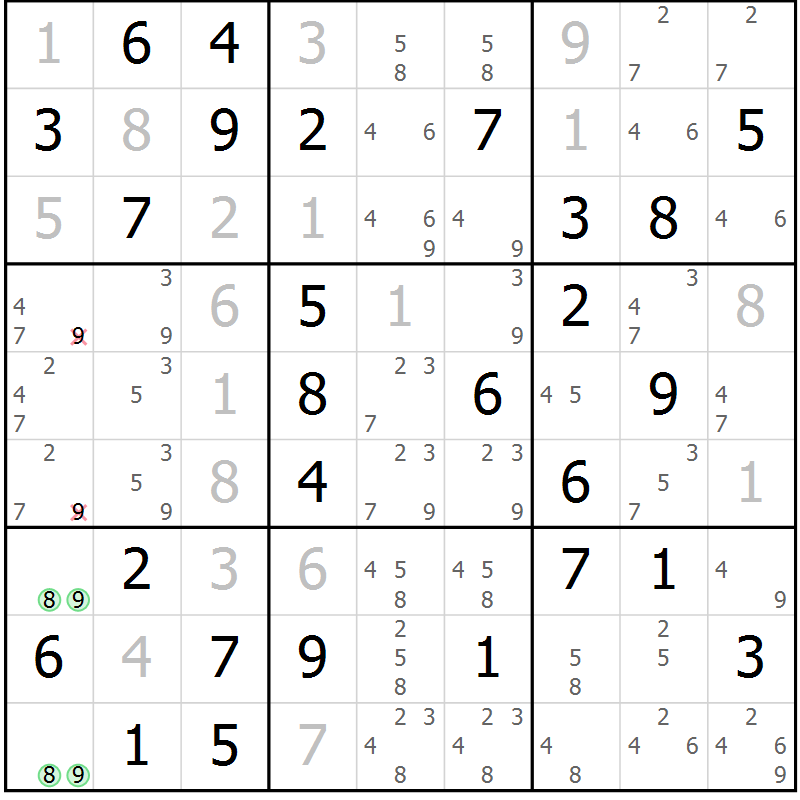 Position des candidats pour la solution de la Gr 18 page 21 du magazine de sudoku Giga sudoku niv 6-8 n° 024