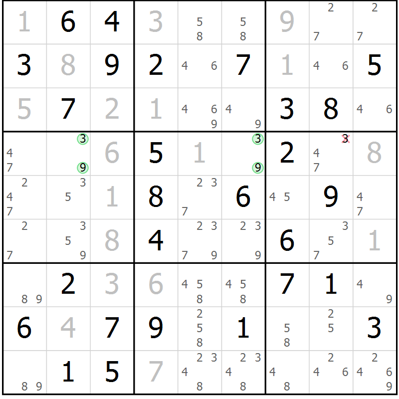 Position des candidats pour la solution de la Gr 18 page 21 du magazine de sudoku Giga sudoku niv 6-8 n° 024