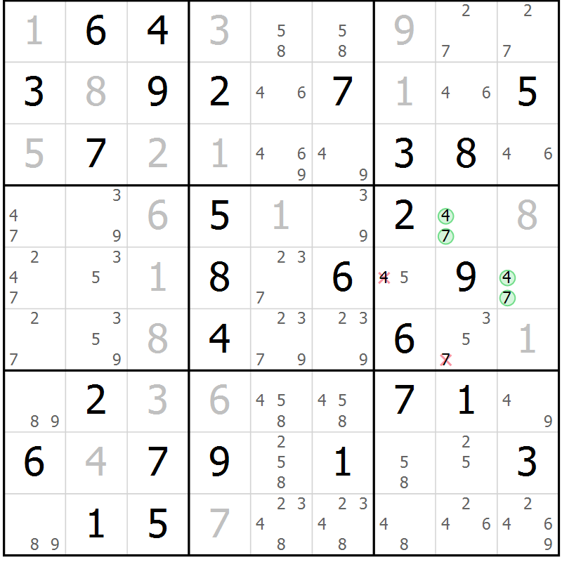 Position des candidats pour la solution de la Gr 18 page 21 du magazine de sudoku Giga sudoku niv 6-8 n° 024