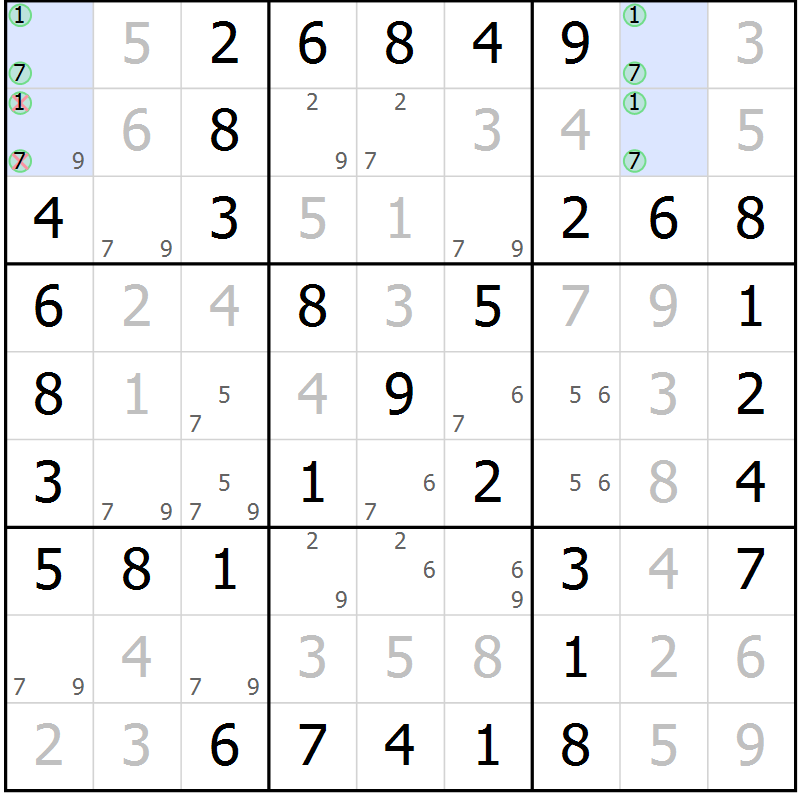 Position des candidats pour la solution de la Gr 19 page 22 du magazine de sudoku Giga sudoku niv 6-8 n° 024