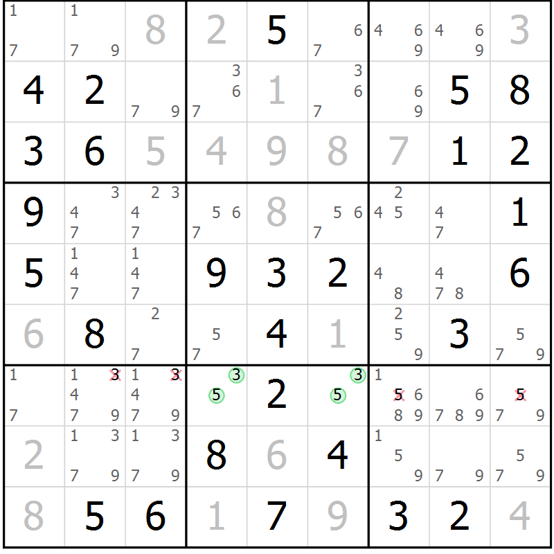 Position des candidats pour la solution de la Gr 2 page 5 du magazine de sudoku Giga sudoku niv 6-8 n° 024