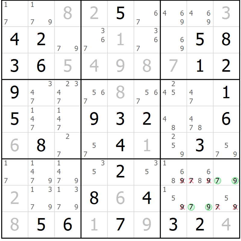Position des candidats pour la solution de la Gr 2 page 5 du magazine de sudoku Giga sudoku niv 6-8 n° 024