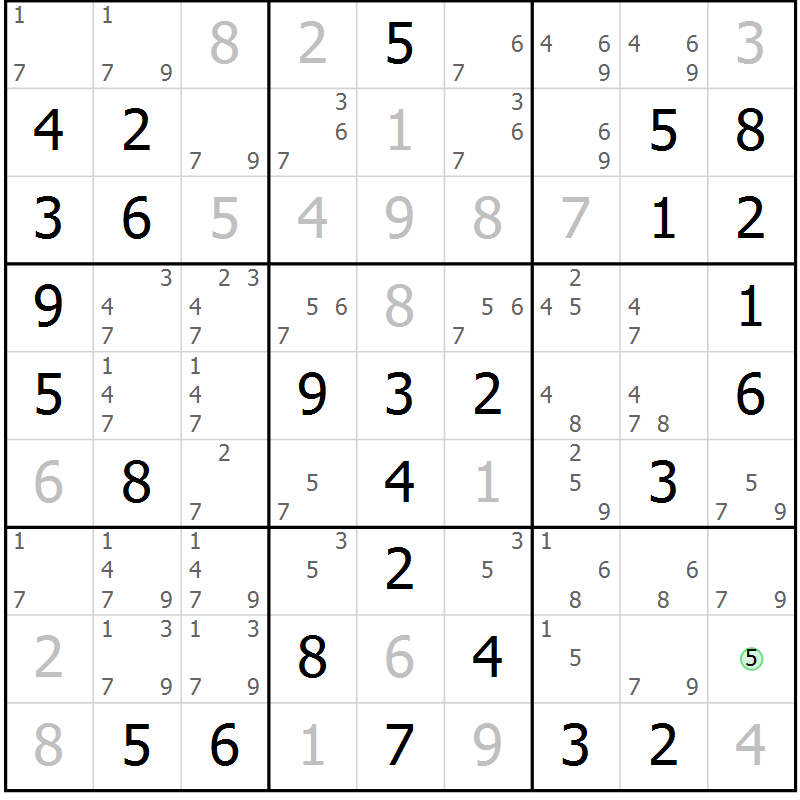 Position des candidats pour la solution de la Gr 2 page 5 du magazine de sudoku Giga sudoku niv 6-8 n° 024