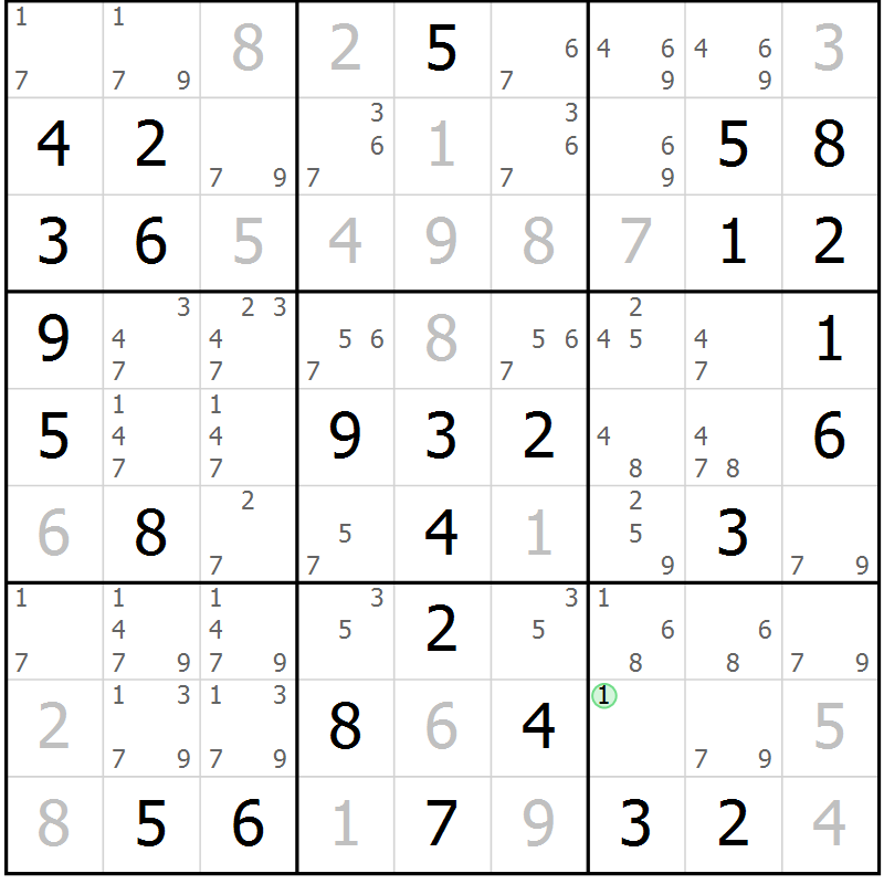 Position des candidats pour la solution de la Gr 2 page 5 du magazine de sudoku Giga sudoku niv 6-8 n° 024