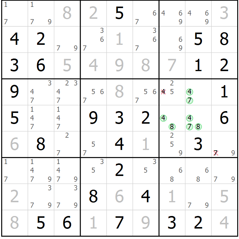 Position des candidats pour la solution de la Gr 2 page 5 du magazine de sudoku Giga sudoku niv 6-8 n° 024