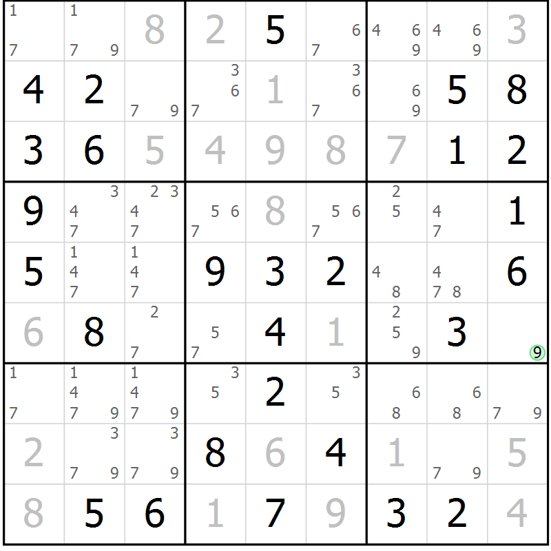 Position des candidats pour la solution de la Gr 2 page 5 du magazine de sudoku Giga sudoku niv 6-8 n° 024