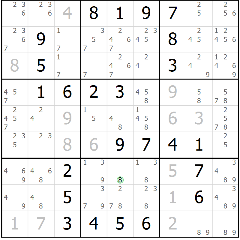 Position des candidats pour la solution de la Gr 20 page 23 du magazine de sudoku Giga sudoku niv 6-8 n° 024