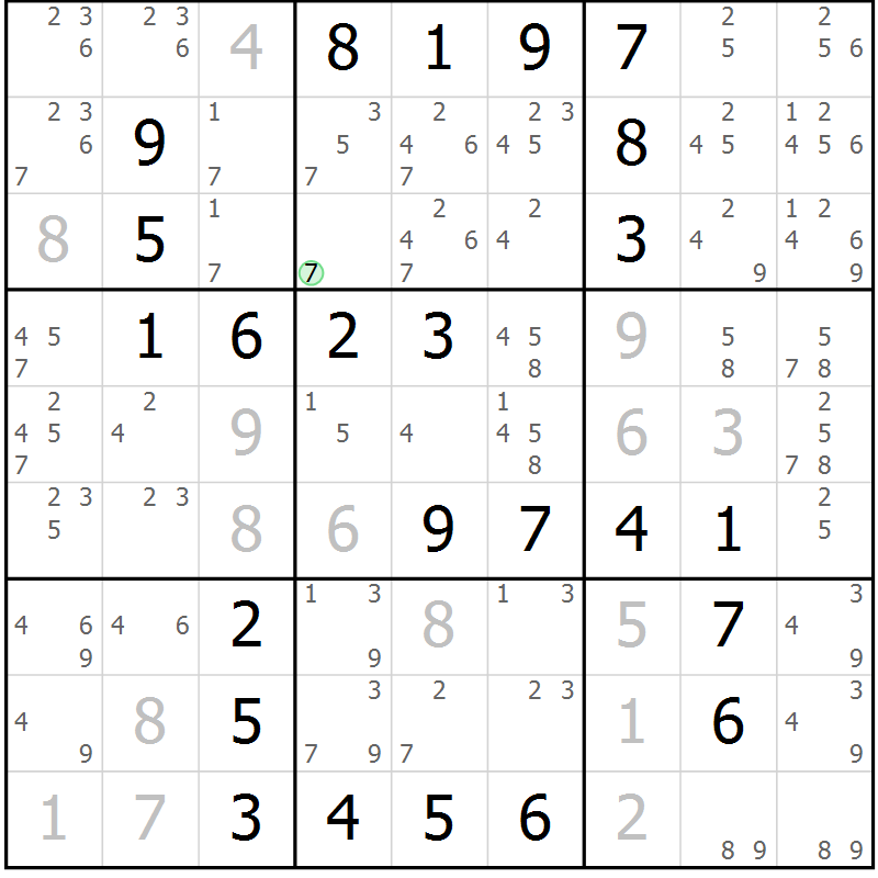 Position des candidats pour la solution de la Gr 20 page 23 du magazine de sudoku Giga sudoku niv 6-8 n° 024