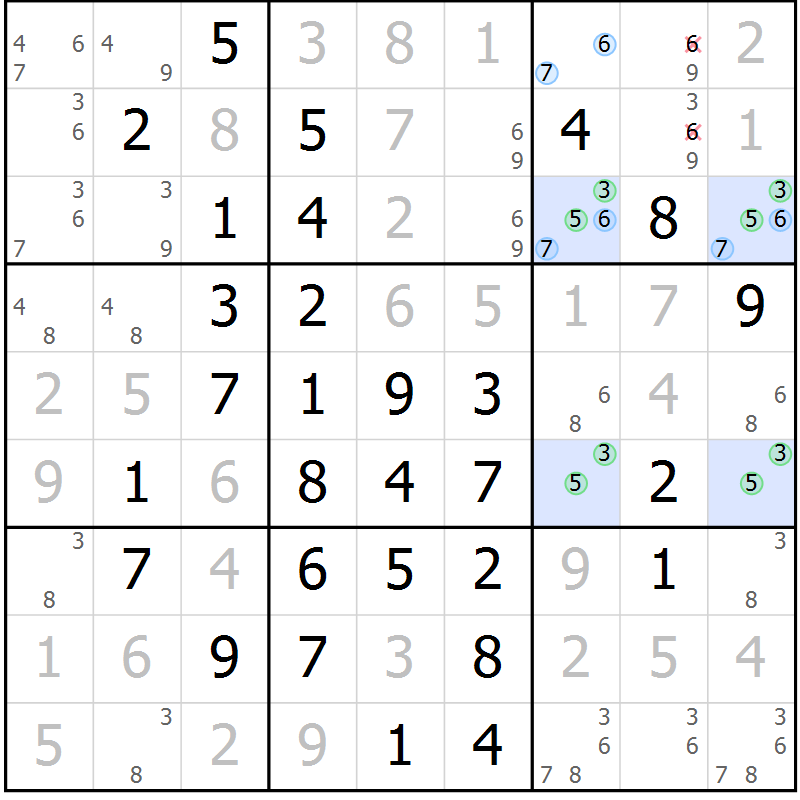 Position des candidats pour la solution de la Gr 21 page 24 du magazine de sudoku Giga sudoku niv 6-8 n° 024