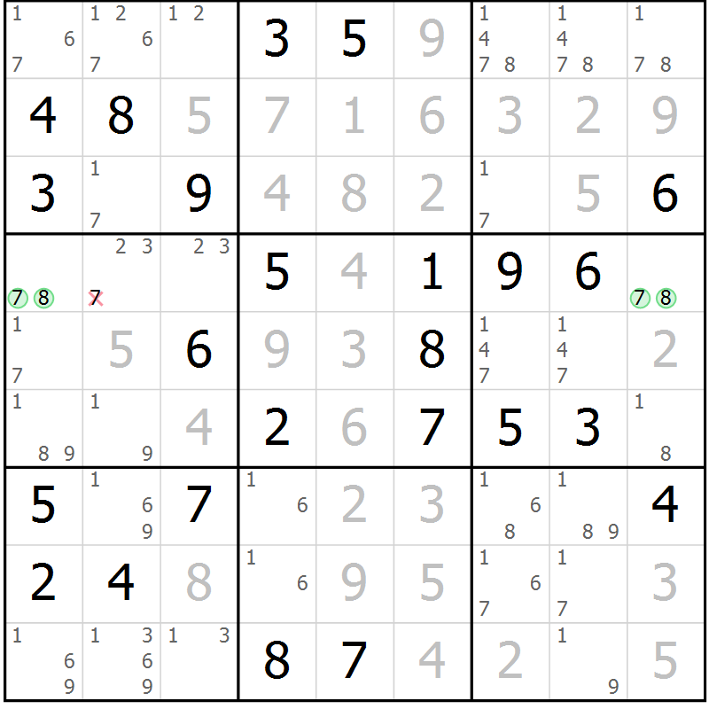 Position des candidats pour la solution de la Gr 22 page 25 du magazine de sudoku Giga sudoku niv 6-8 n° 024