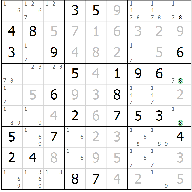 Position des candidats pour la solution de la Gr 22 page 25 du magazine de sudoku Giga sudoku niv 6-8 n° 024