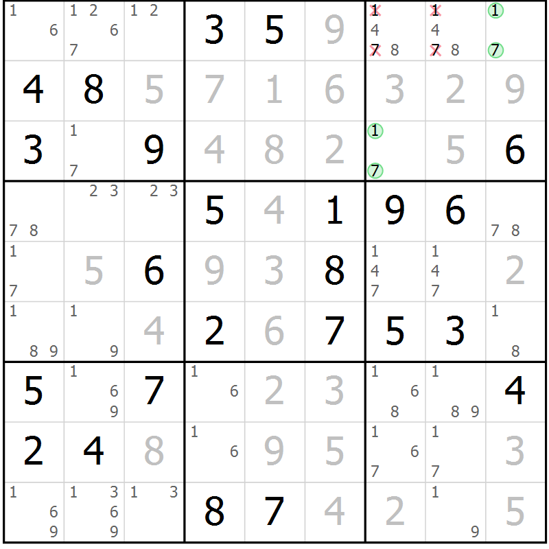 Position des candidats pour la solution de la Gr 22 page 25 du magazine de sudoku Giga sudoku niv 6-8 n° 024