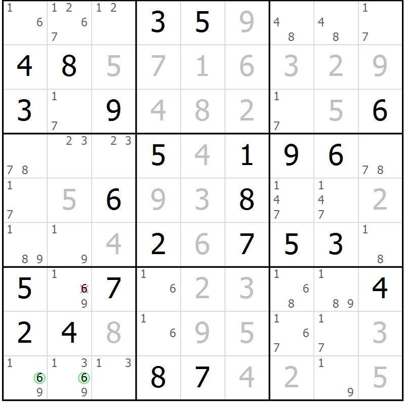Position des candidats pour la solution de la Gr 22 page 25 du magazine de sudoku Giga sudoku niv 6-8 n° 024
