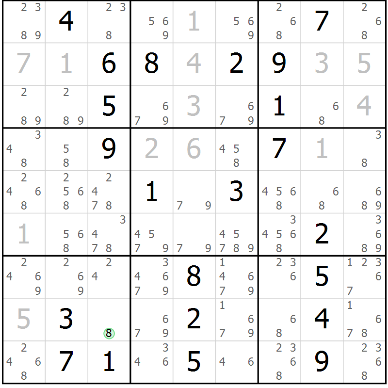 Position des candidats pour la solution de la Gr 23 page 26 du magazine de sudoku Giga sudoku niv 6-8 n° 024