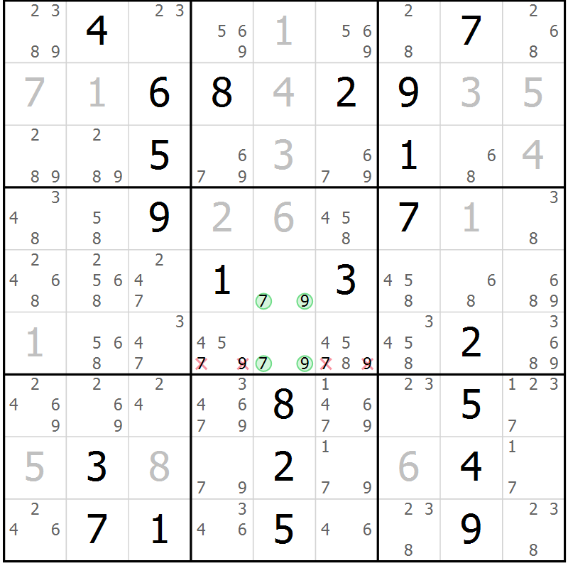Position des candidats pour la solution de la Gr 23 page 26 du magazine de sudoku Giga sudoku niv 6-8 n° 024