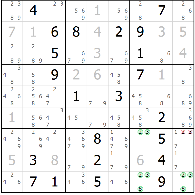 Position des candidats pour la solution de la Gr 23 page 26 du magazine de sudoku Giga sudoku niv 6-8 n° 024