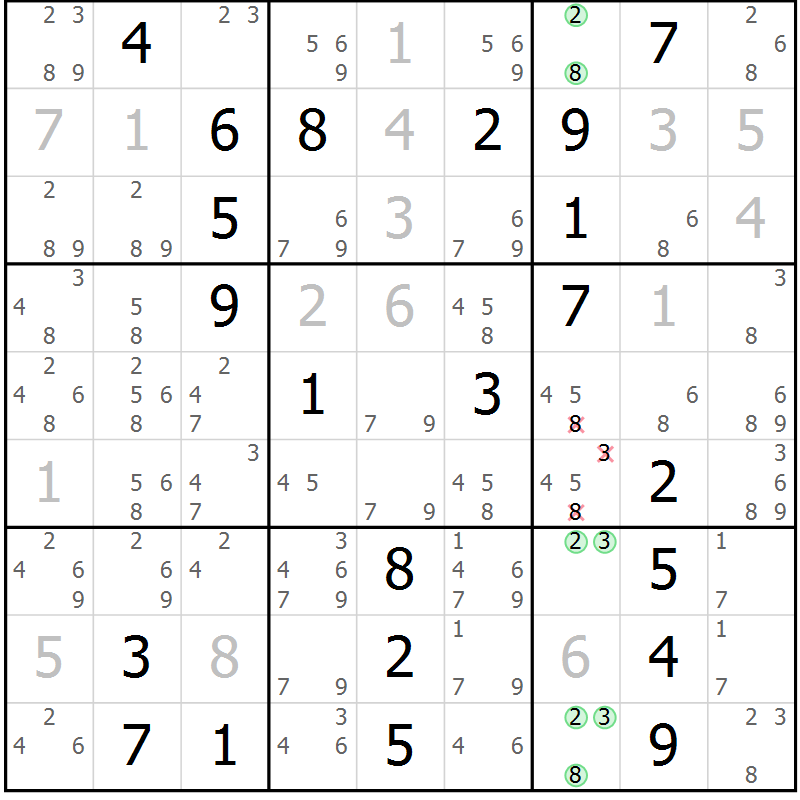 Position des candidats pour la solution de la Gr 23 page 26 du magazine de sudoku Giga sudoku niv 6-8 n° 024