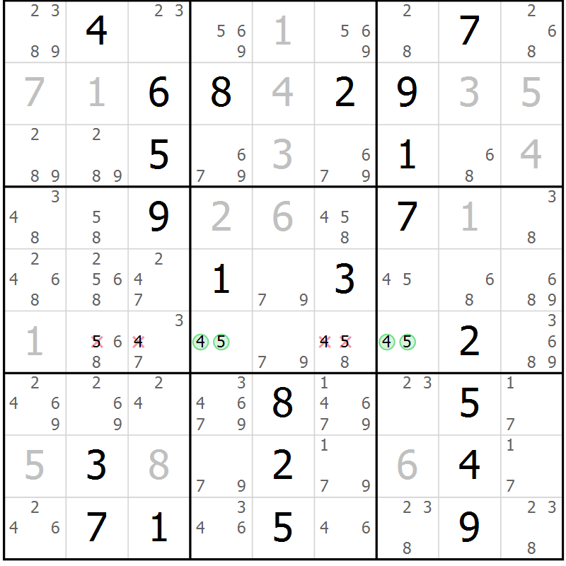 Position des candidats pour la solution de la Gr 23 page 26 du magazine de sudoku Giga sudoku niv 6-8 n° 024