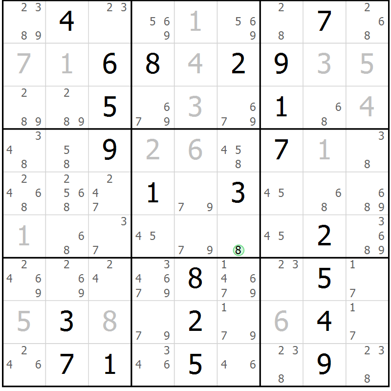 Position des candidats pour la solution de la Gr 23 page 26 du magazine de sudoku Giga sudoku niv 6-8 n° 024
