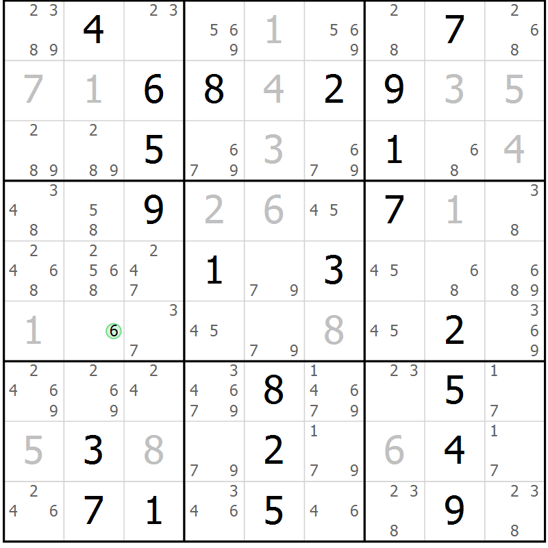 Position des candidats pour la solution de la Gr 23 page 26 du magazine de sudoku Giga sudoku niv 6-8 n° 024