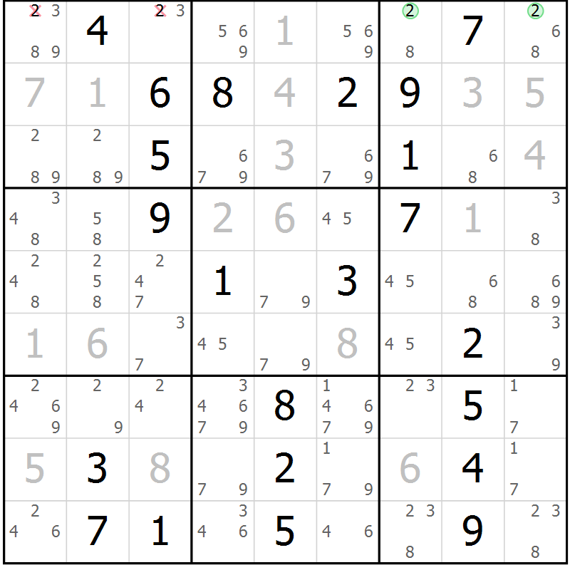 Position des candidats pour la solution de la Gr 23 page 26 du magazine de sudoku Giga sudoku niv 6-8 n° 024