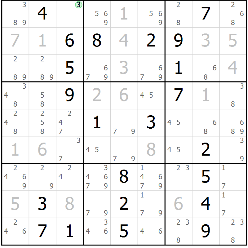 Position des candidats pour la solution de la Gr 23 page 26 du magazine de sudoku Giga sudoku niv 6-8 n° 024