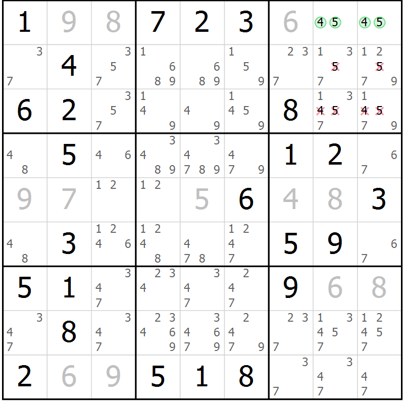 Position des candidats pour la solution de la Gr 24 page 27 du magazine de sudoku Giga sudoku niv 6-8 n° 024