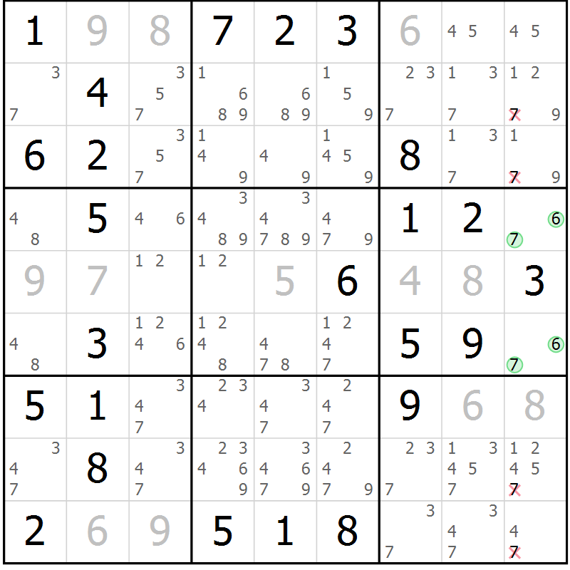 Position des candidats pour la solution de la Gr 24 page 27 du magazine de sudoku Giga sudoku niv 6-8 n° 024