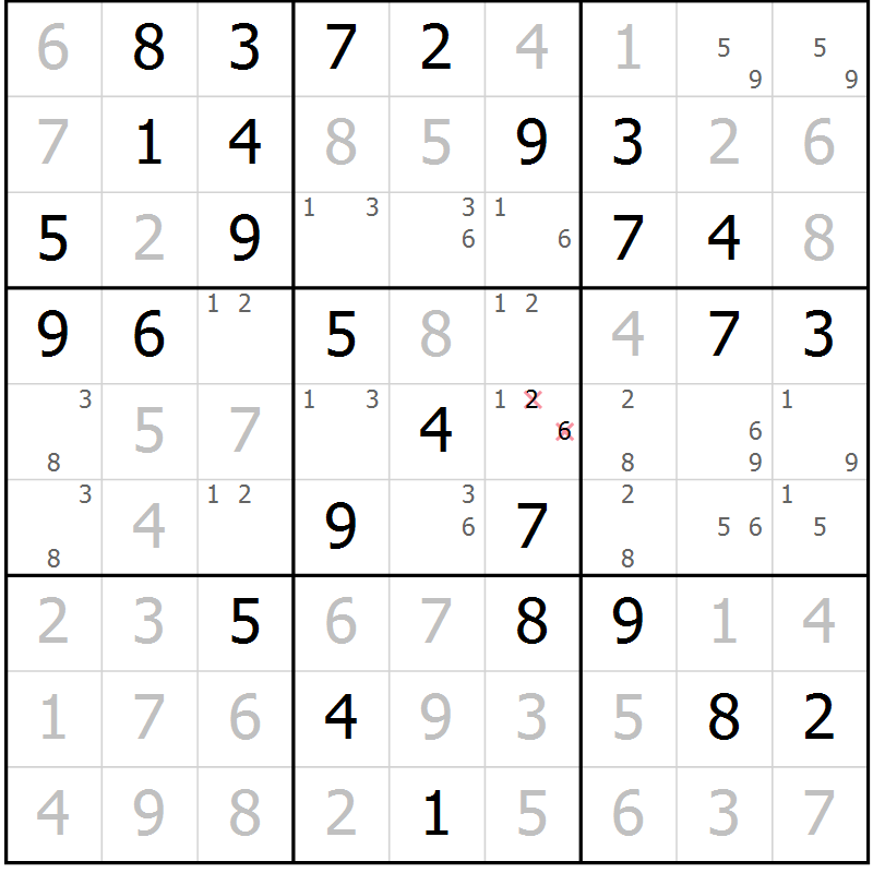 Position des candidats pour la solution de la Gr 25 page 28 du magazine de sudoku Giga sudoku niv 6-8 n° 024