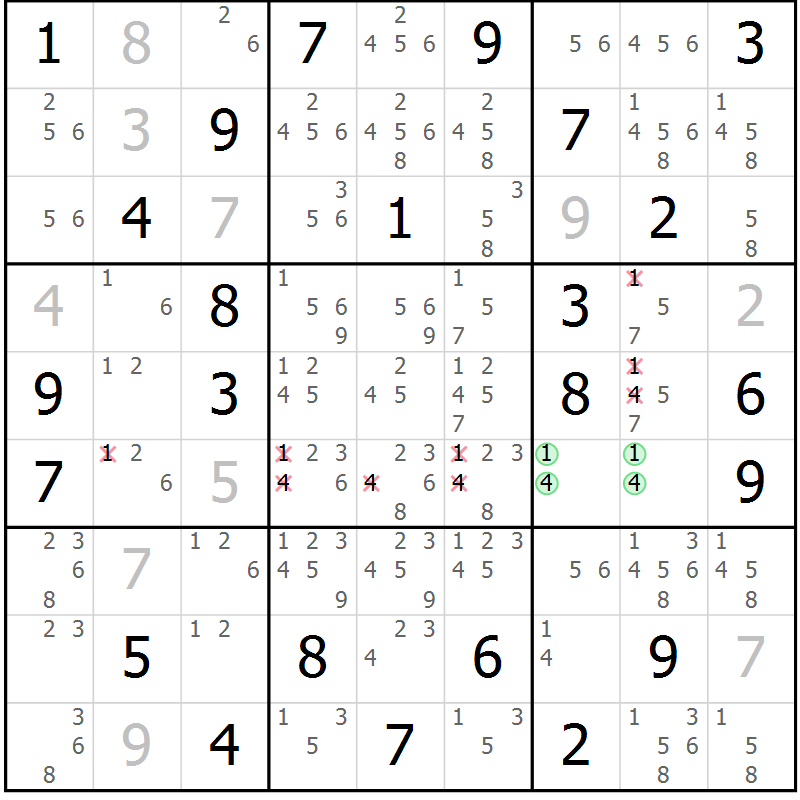 Position des candidats pour la solution de la Gr 26 page 29 du magazine de sudoku Giga sudoku niv 6-8 n° 024