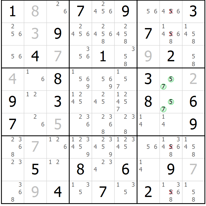 Position des candidats pour la solution de la Gr 26 page 29 du magazine de sudoku Giga sudoku niv 6-8 n° 024