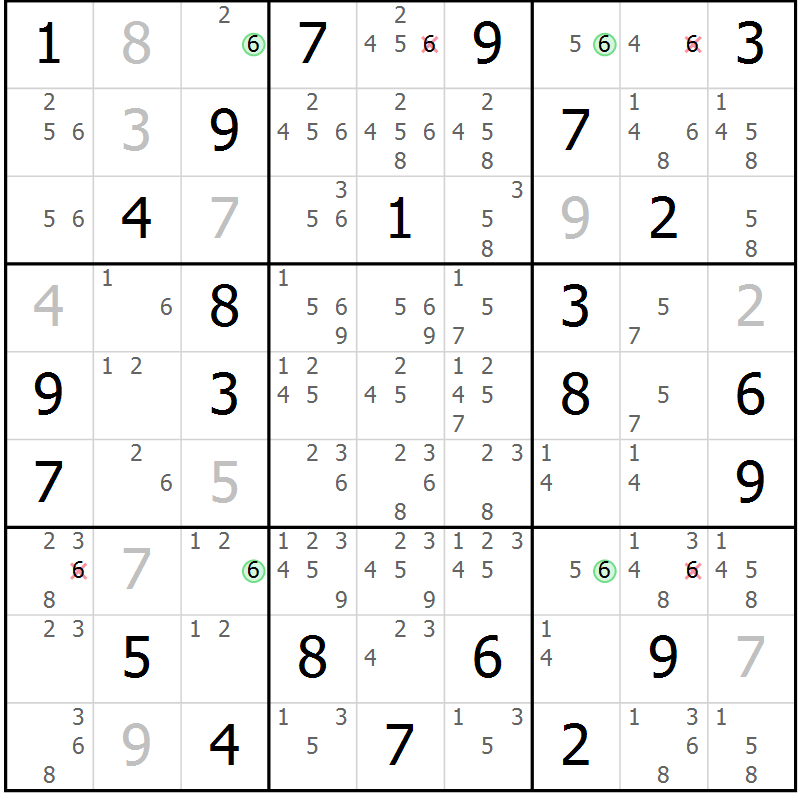Position des candidats pour la solution de la Gr 26 page 29 du magazine de sudoku Giga sudoku niv 6-8 n° 024