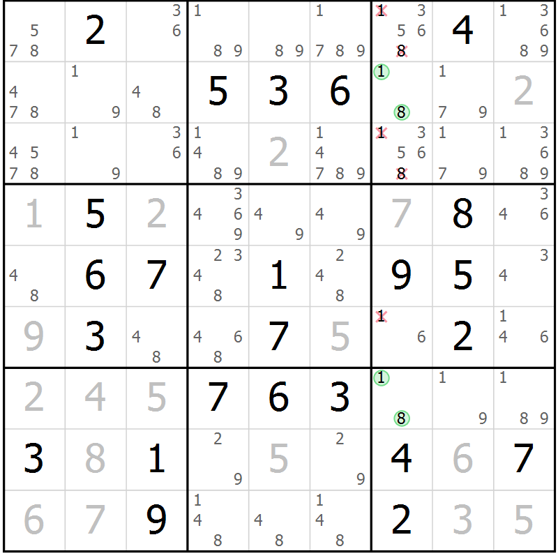 Position des candidats pour la solution de la Gr 27 page 30 du magazine de sudoku Giga sudoku niv 6-8 n° 024