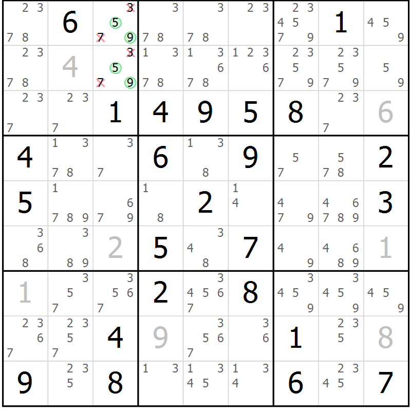 Position des candidats pour la solution de la Gr 28 page 31 du magazine de sudoku Giga sudoku niv 6-8 n° 024