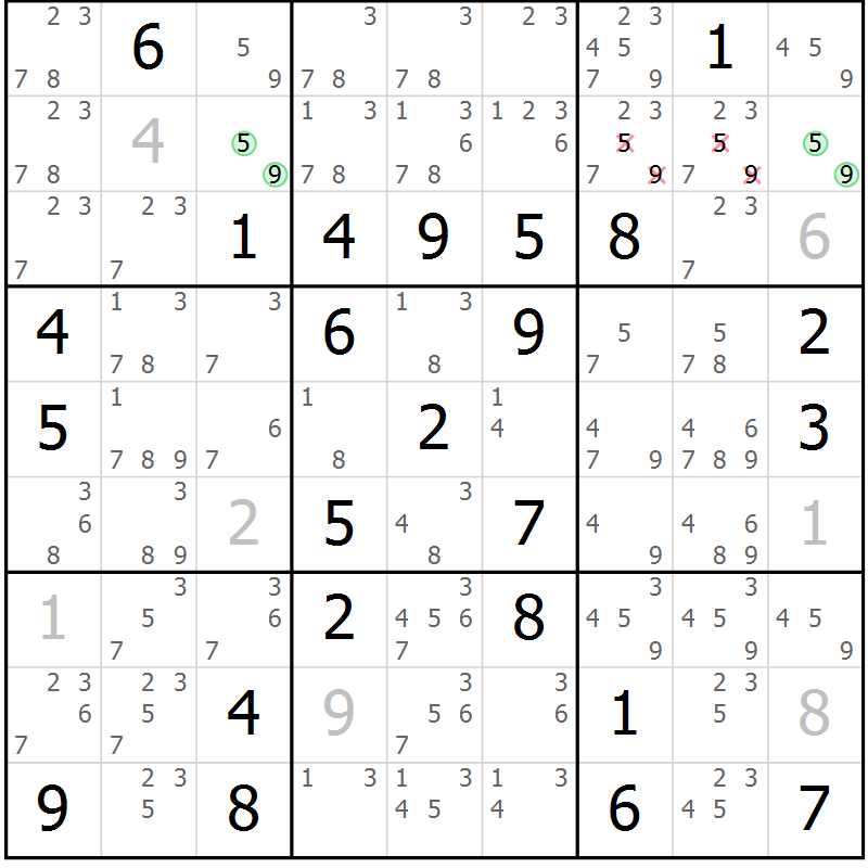 Position des candidats pour la solution de la Gr 28 page 31 du magazine de sudoku Giga sudoku niv 6-8 n° 024