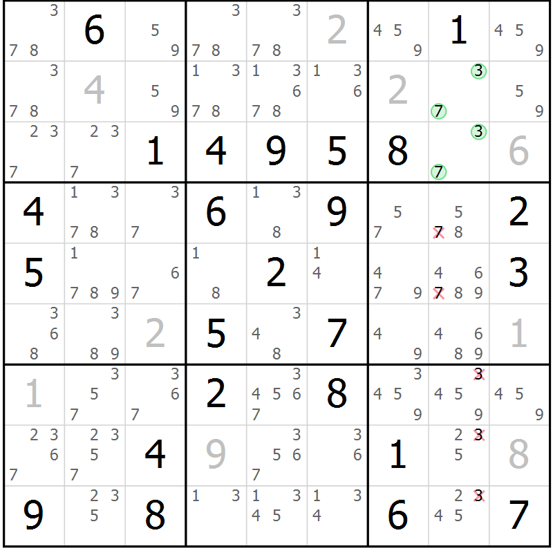 Position des candidats pour la solution de la Gr 28 page 31 du magazine de sudoku Giga sudoku niv 6-8 n° 024
