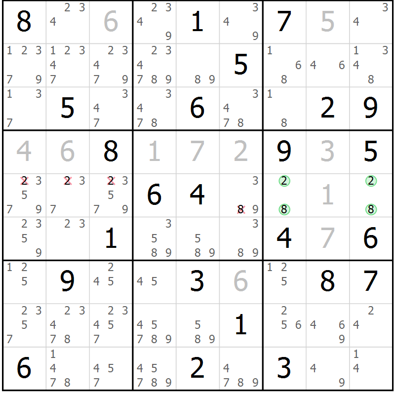 Position des candidats pour la solution de la Gr 3 page 6 du magazine de sudoku Giga sudoku niv 6-8 n° 024
